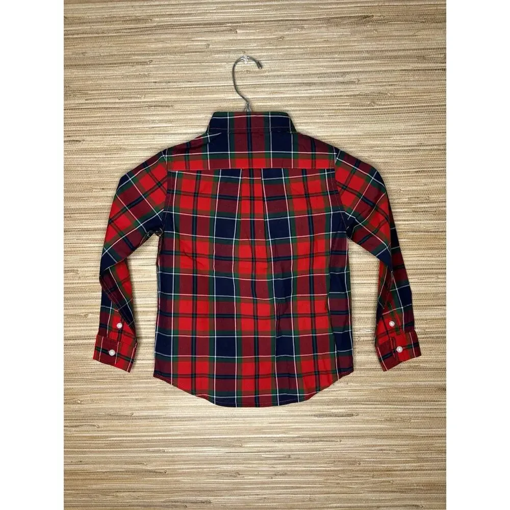 NWT Janie and Jack Boy’s Plaid Button Down Shirt 100% Cotton Red & Navy Sz 4